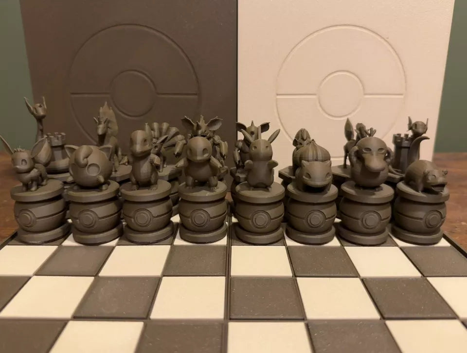 3D Printed Pokemon Chess Set and Board - Wood Effect